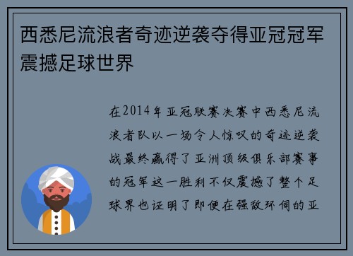 西悉尼流浪者奇迹逆袭夺得亚冠冠军震撼足球世界 西悉尼流浪者奇迹逆袭夺得亚冠冠军震撼足球世界