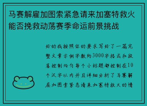 马赛解雇加图索紧急请来加塞特救火能否挽救动荡赛季命运前景挑战 马赛解雇加图索紧急请来加塞特救火能否挽救动荡赛季命运前景挑战