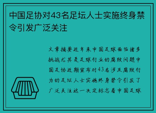 中国足协对43名足坛人士实施终身禁令引发广泛关注 中国足协对43名足坛人士实施终身禁令引发广泛关注