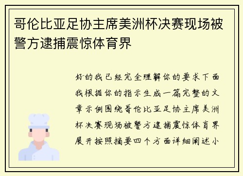 哥伦比亚足协主席美洲杯决赛现场被警方逮捕震惊体育界 哥伦比亚足协主席美洲杯决赛现场被警方逮捕震惊体育界