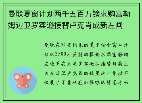 曼联夏窗计划两千五百万镑求购富勒姆边卫罗宾逊接替卢克肖成新左闸
